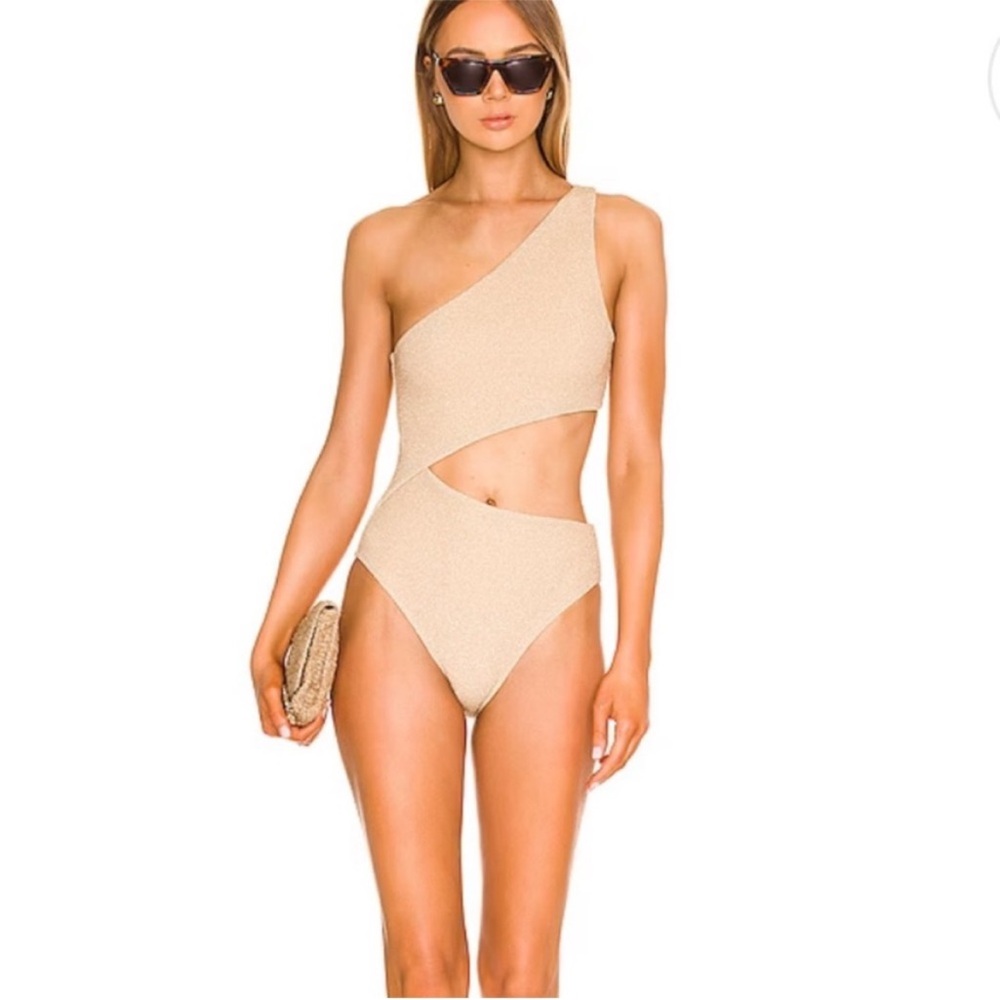 Beach Riot Celine One-Shoulder Cutout Swimsuit in Tan